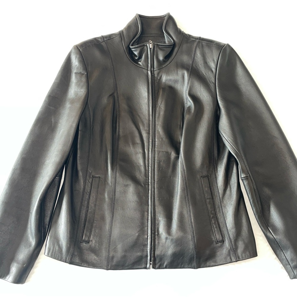 Anne Klein Women's Black Lamb Skin Zip Up Jacket Sz L